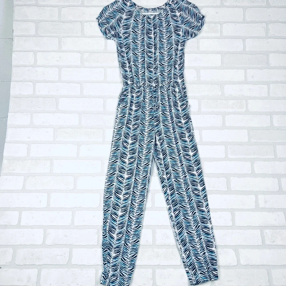 Old Navy Girls Blue White Zebra Print Short Sleeve Jumpsuit Size L 10-12